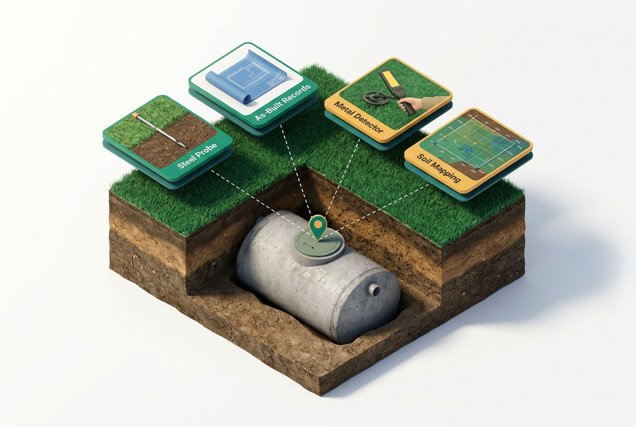 Isometric yard cutaway showing 4 methods to locate a buried septic lid: probe rod, soil probe map, inspection records, and metal detector.
