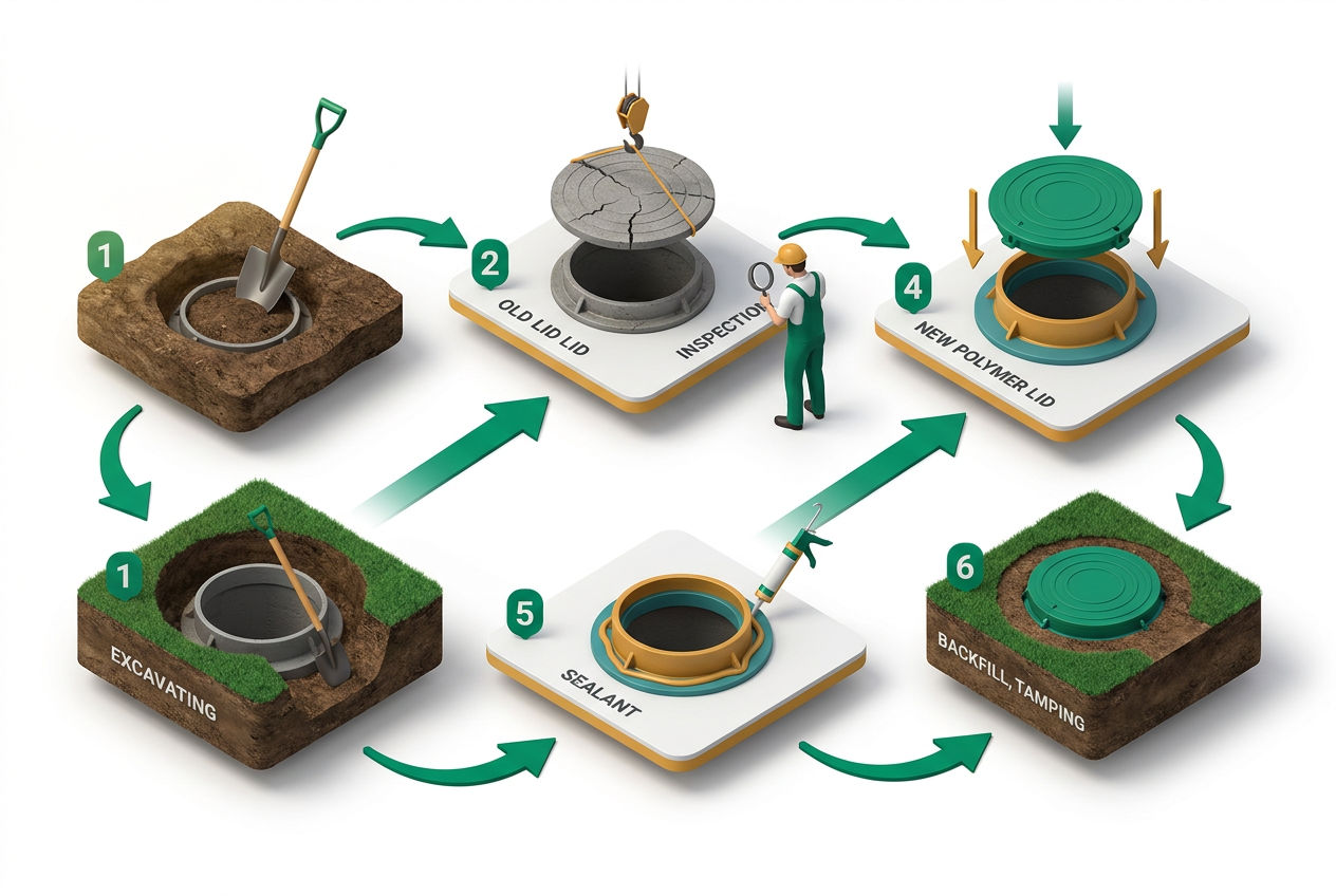 6-step isometric process flow for septic tank lid replacement, from excavation to backfill, with numbered floating action cards.