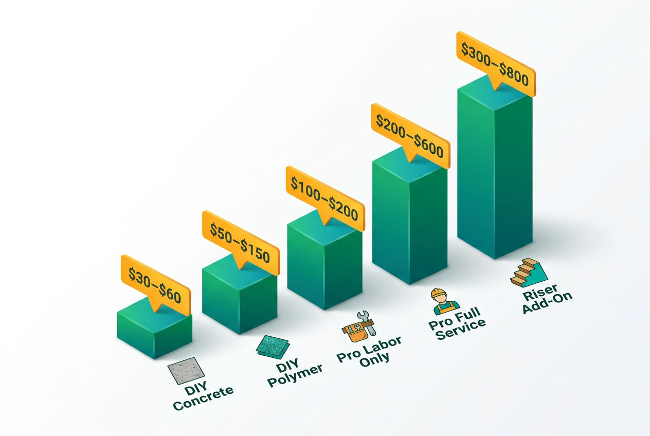 Isometric bar chart comparing septic lid replacement costs: DIY vs professional, concrete vs polymer vs poly risers with price range labels.