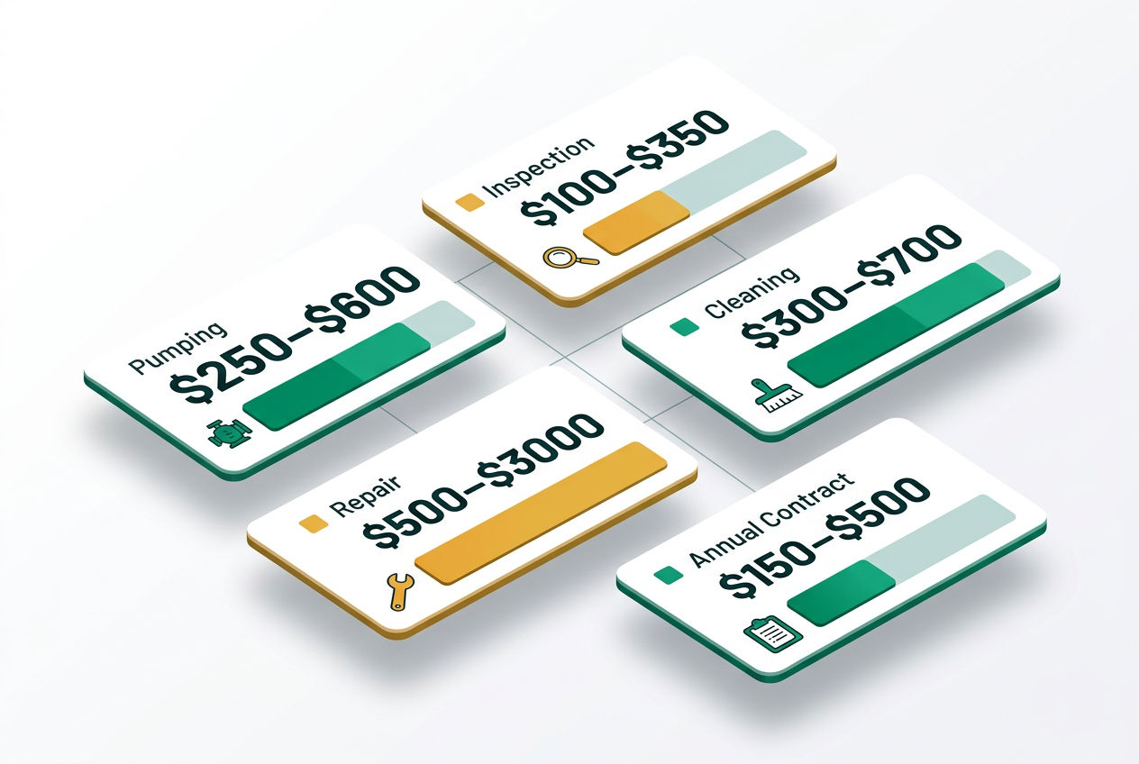 Isometric dashboard showing septic maintenance cost ranges for pumping, inspection, cleaning, and contracts as color-coded bar cards.