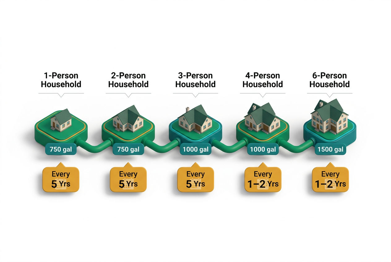 Isometric timeline showing septic pumping frequency by household size and tank capacity, from 1-person to 6-person homes.