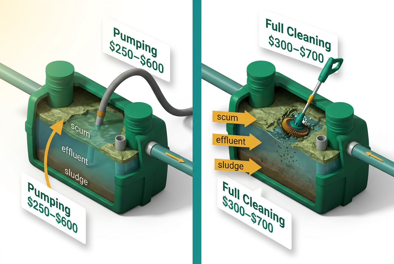 Side-by-side isometric cutaway comparing septic pumping process versus full cleaning, with labeled steps and cost badges.