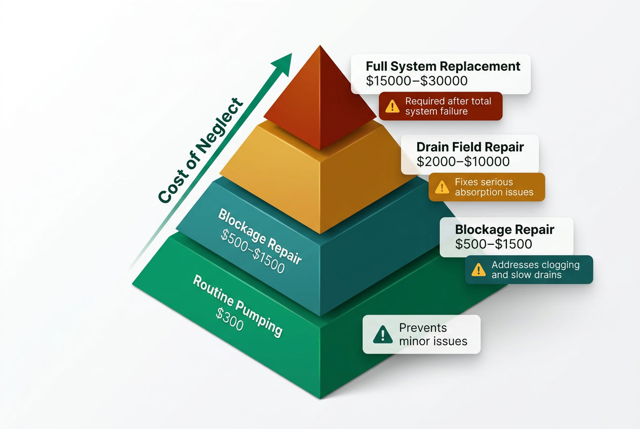 Isometric cost-escalation pyramid showing consequences of skipping septic maintenance from minor issues to full system replacement.