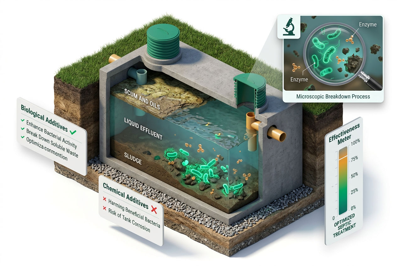 3D isometric cutaway of septic tank showing bacterial colonies breaking down waste layers with enzyme activity labels and effectiveness meter.