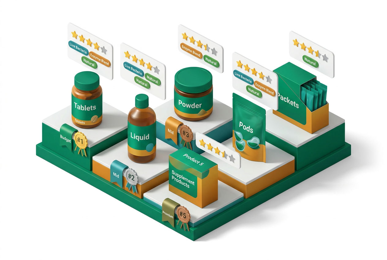Isometric product shelf displaying top-ranked septic maintenance products with rating stars, ingredient badges, and price-tier floating cards.