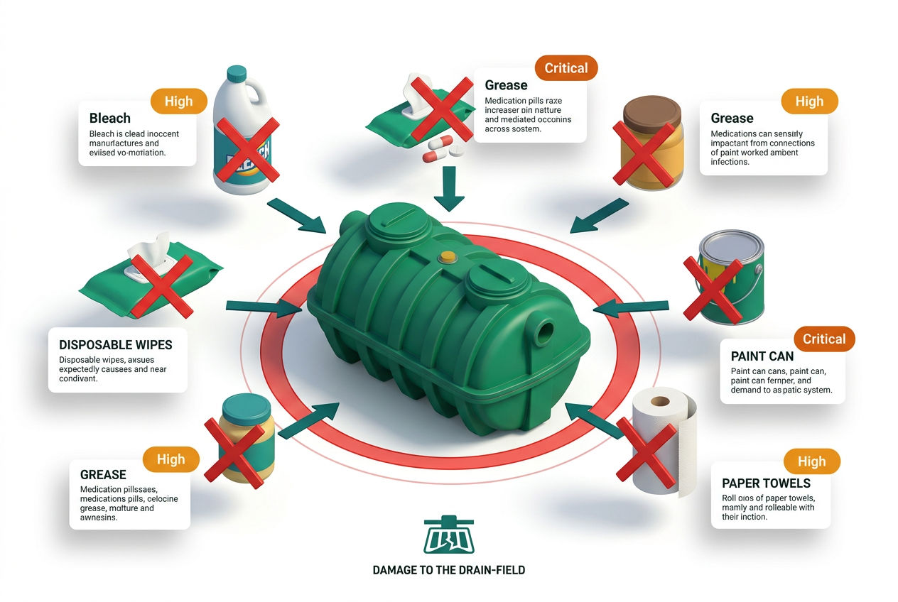 Isometric danger zone infographic showing prohibited household items with red-cross overlays, harm ratings, and system damage pathway arrows.