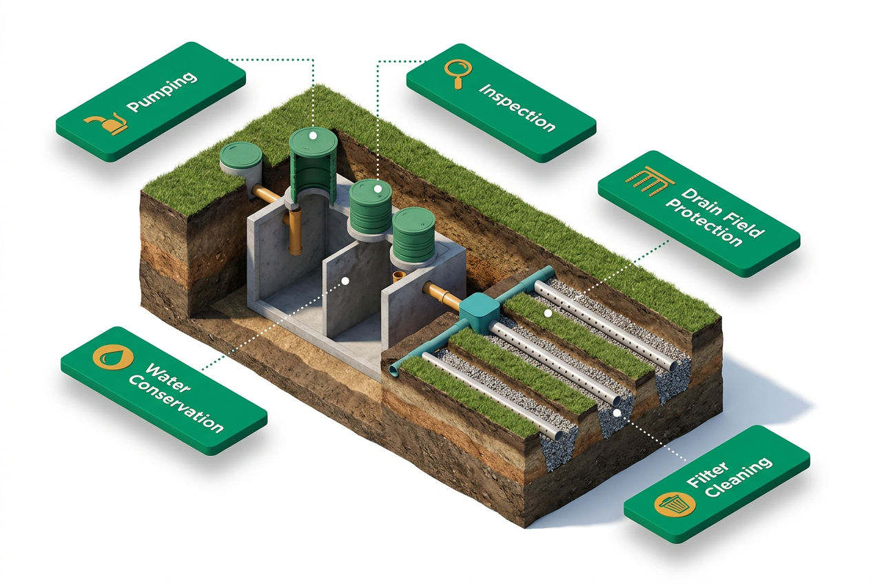 3D isometric cutaway of septic system showing tank, drain field, and 5 labeled maintenance task icons with emerald callout cards.
