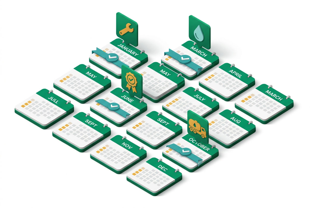3D isometric 12-month calendar grid with color-coded septic task icons and emerald/amber checklist cards for each month.