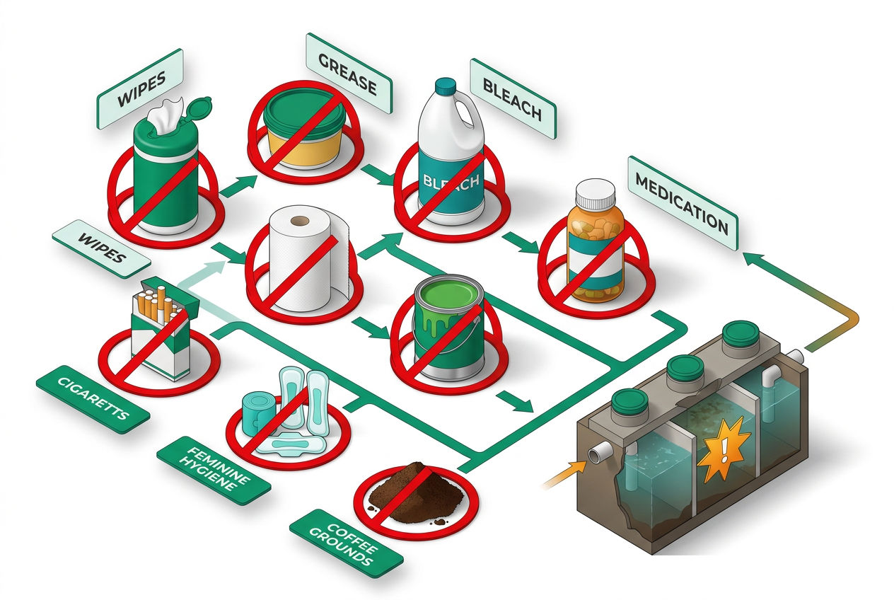 Isometric grid of 9 prohibited household items with red prohibition badges, entering a stylized septic tank cross-section diagram.