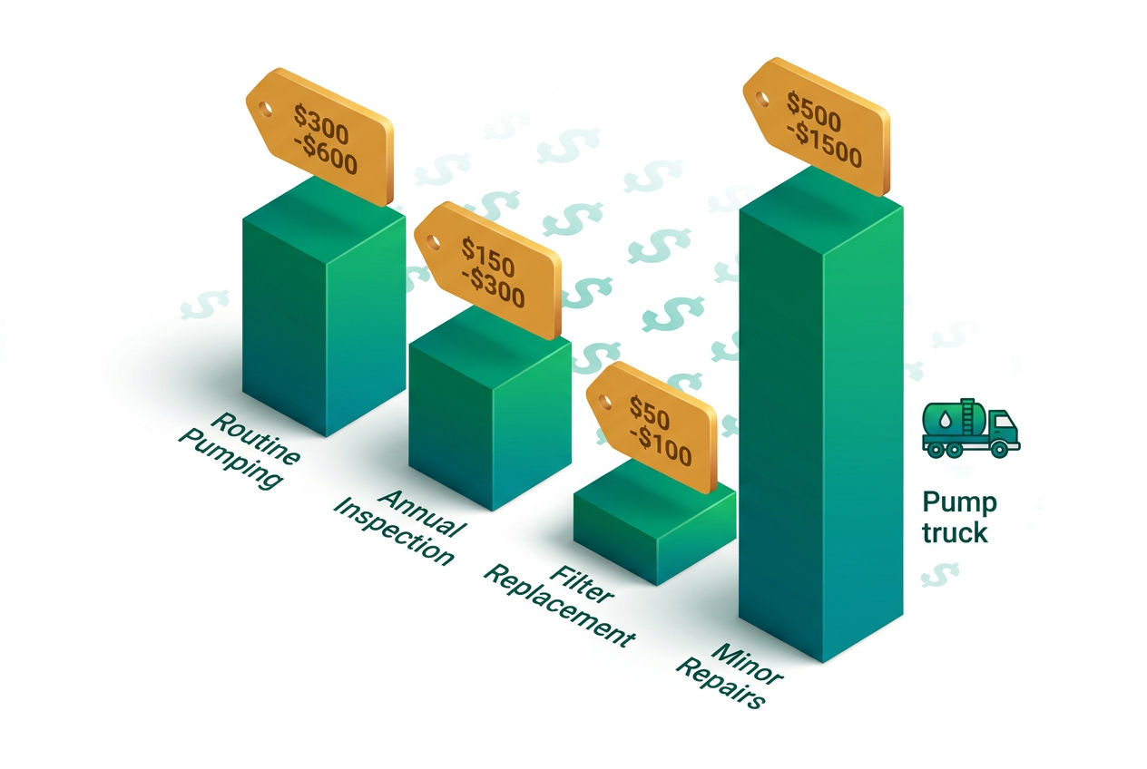 3D isometric bar chart comparing septic maintenance costs with floating price cards for pumping, inspection, repairs, and additives.