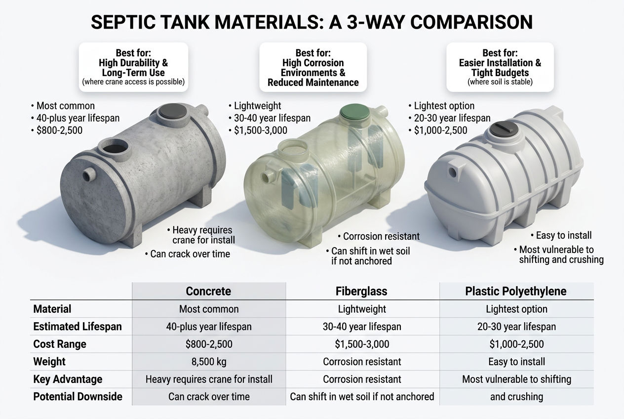 3D comparison of concrete, fiberglass, and plastic septic tank materials with lifespan and cost differences