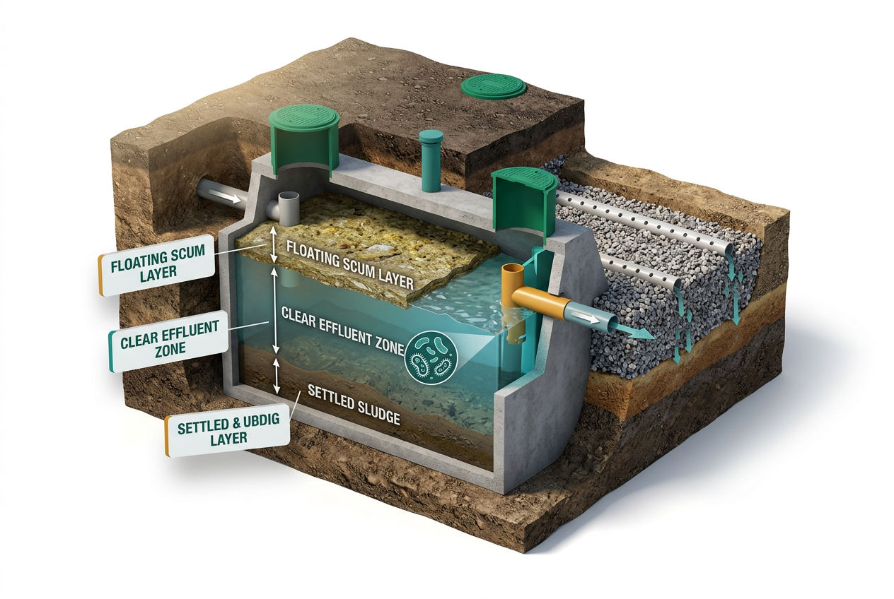 3D isometric cutaway of a septic tank showing inlet pipe, scum layer, effluent zone, sludge layer, and drain field.
