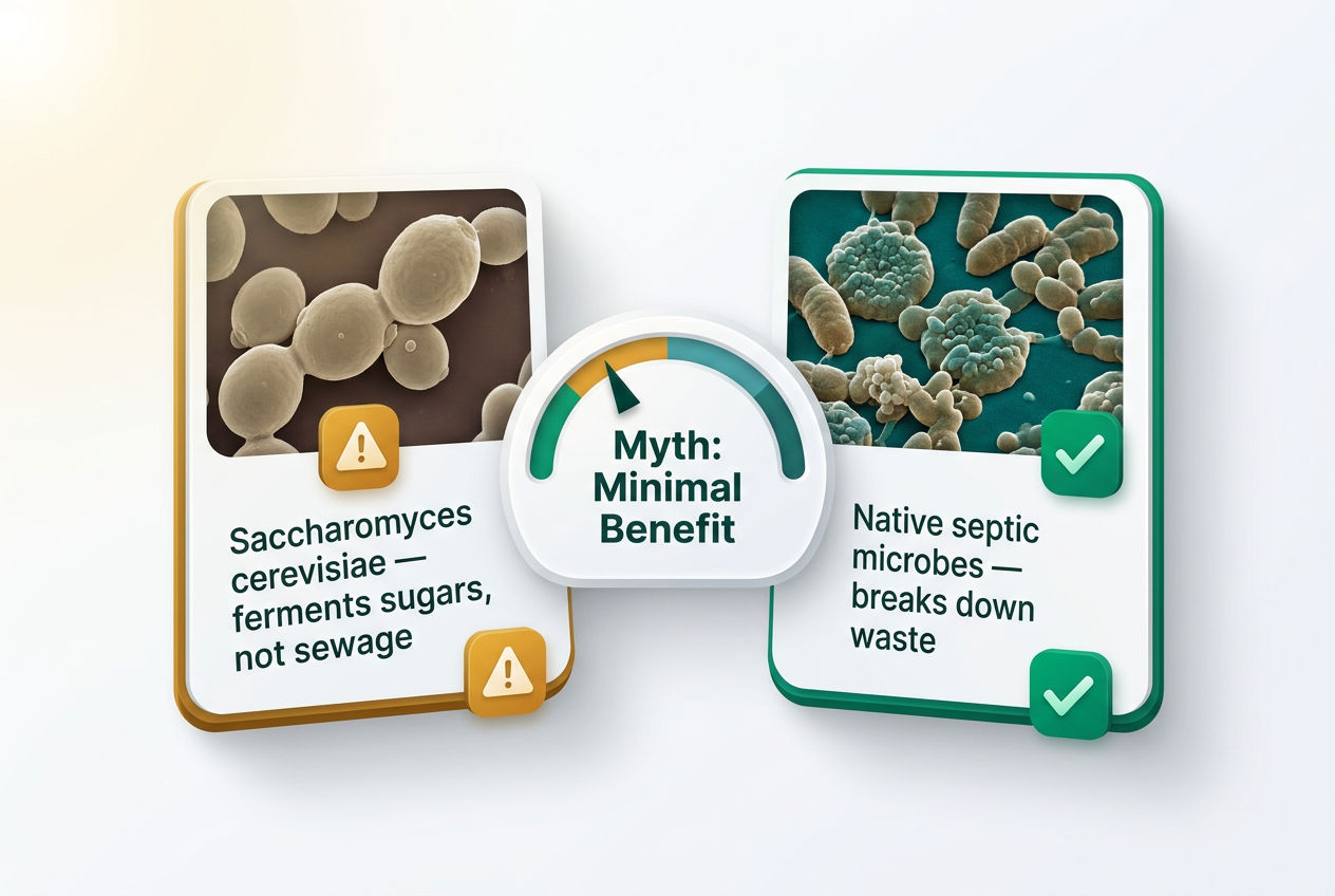 Side-by-side isometric comparison of baker's yeast cells versus septic anaerobic bacteria, showing organism differences and tank impact ratings.