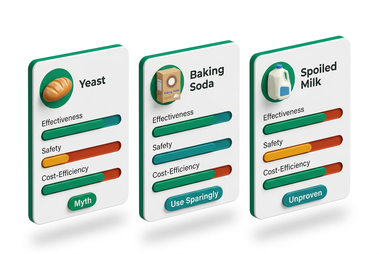 Isometric scorecard grid rating yeast, baking soda, and spoiled milk on effectiveness, safety, and cost for septic systems.