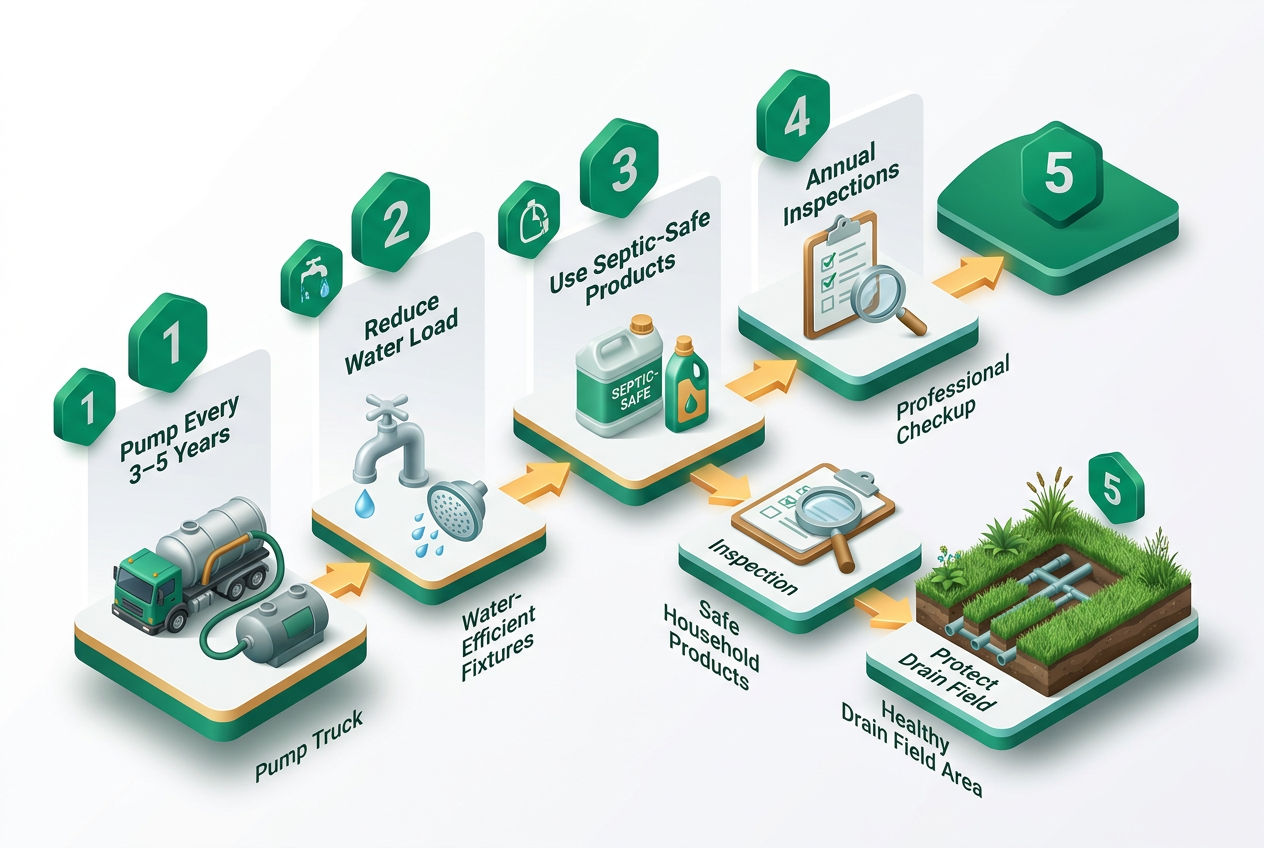 Isometric step-flow diagram showing five proven septic maintenance habits: pumping schedule, water usage, safe products, inspections, and drain field