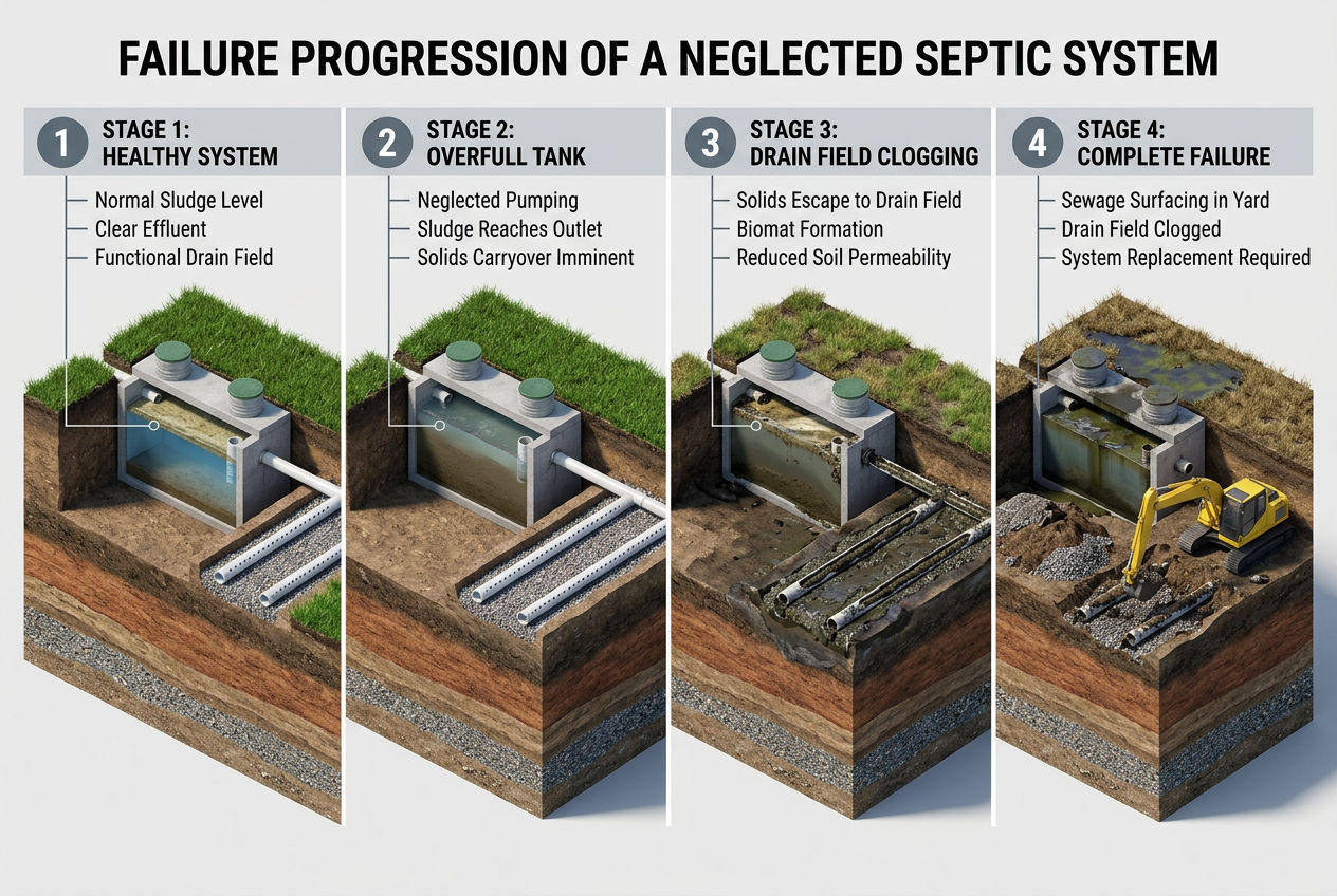 3D four-stage diagram showing progressive septic system failure from neglected emptying: normal, overfull, clogged drain field, and complete failure