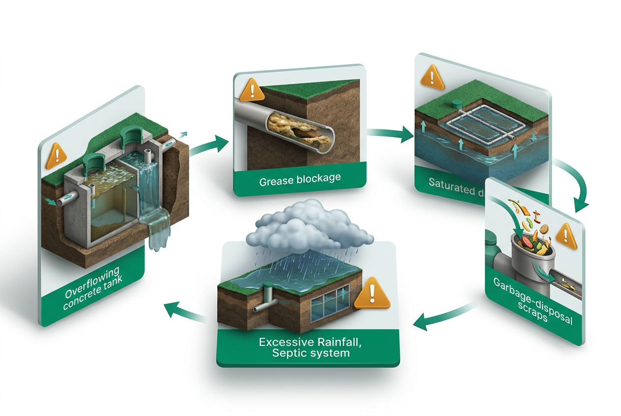 3D isometric diagram showing 5 septic overflow causes: full tank, clogged pipes, drain field failure, heavy rain, and grease buildup.