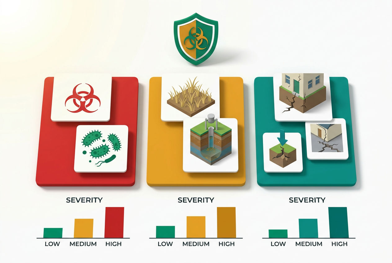 Isometric hazard chart showing health, environmental, and property risks of septic overflow with color-coded severity tiers.