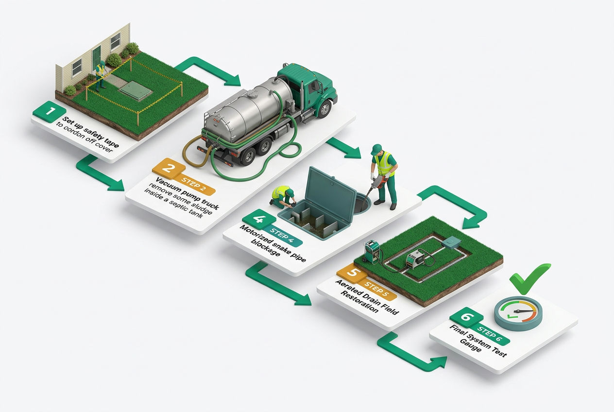 Six-step isometric repair flow: cordon area, pump tank, inspect components, clear blockage, restore drain field, retest system.