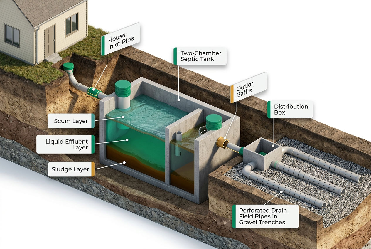 3D isometric cutaway showing septic system components: house inlet pipe, tank chambers, distribution box, and drain field trenches with labels.