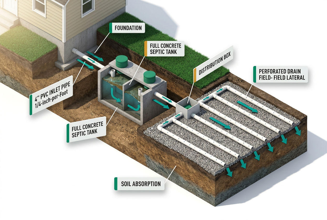 Full underground cross-section isometric diagram tracing wastewater flow from house foundation through septic tank to drain field absorption trenches.