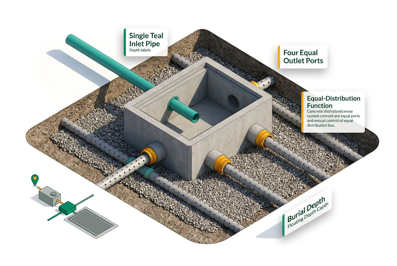 Isometric exploded diagram of a concrete distribution box showing inlet pipe, equal-flow outlet ports, and connections to multiple drain field lateral