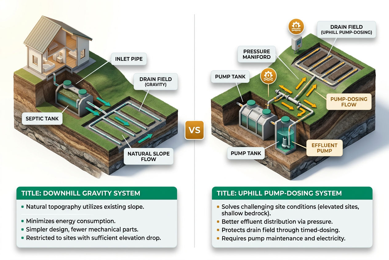 Side-by-side isometric comparison panels showing gravity-fed septic flow diagram on left versus pump chamber and pressure-dosed drain field system on