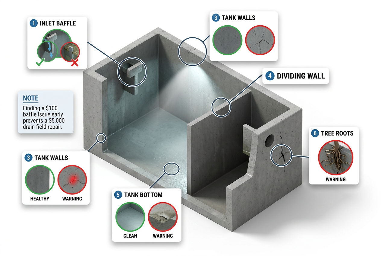 3D cutaway of empty septic tank showing six inspection points: inlet baffle, outlet baffle, walls, dividing wall, bottom, and tree roots