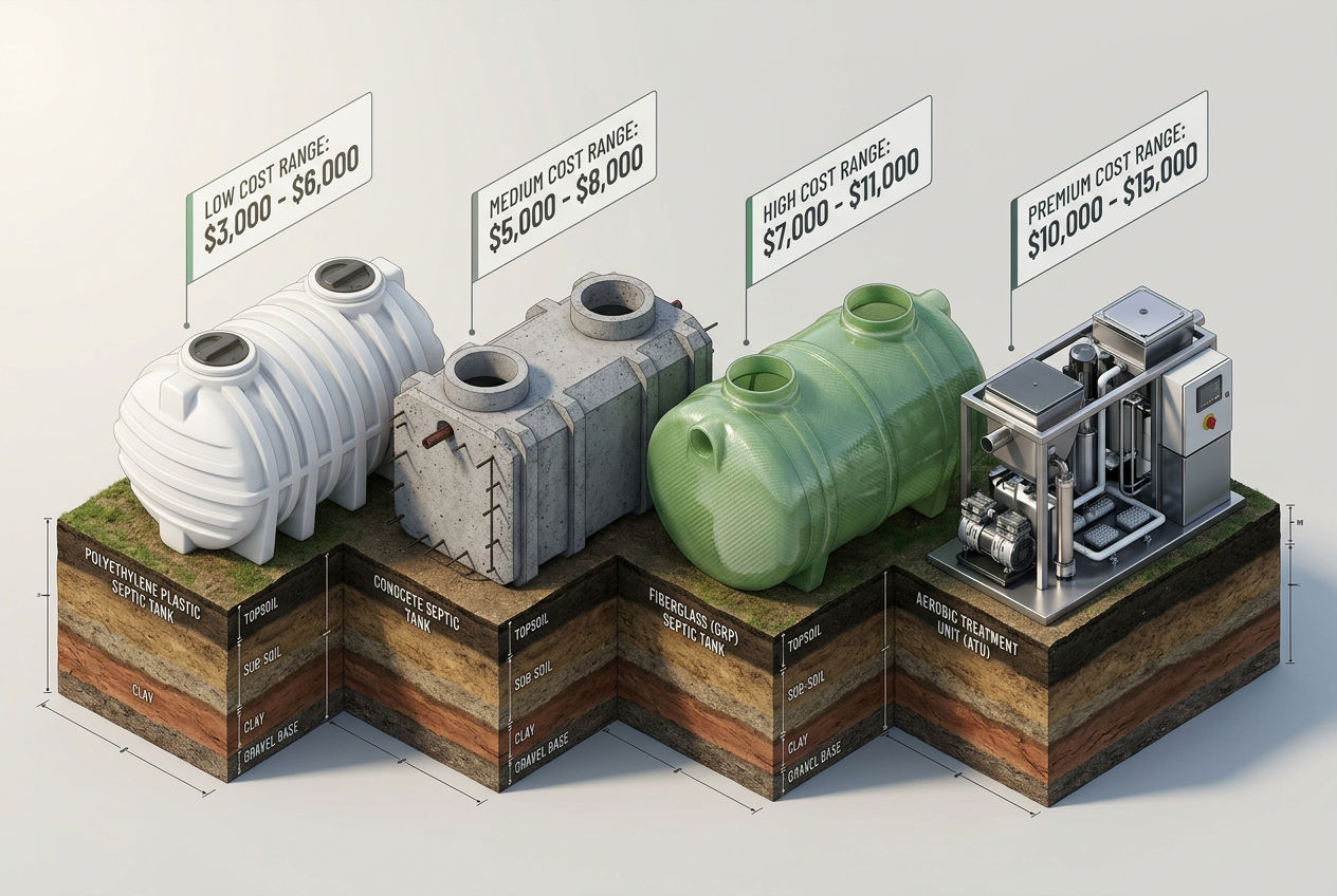 Four septic tank types compared by price showing plastic concrete fiberglass and aerobic tanks with cost ranges