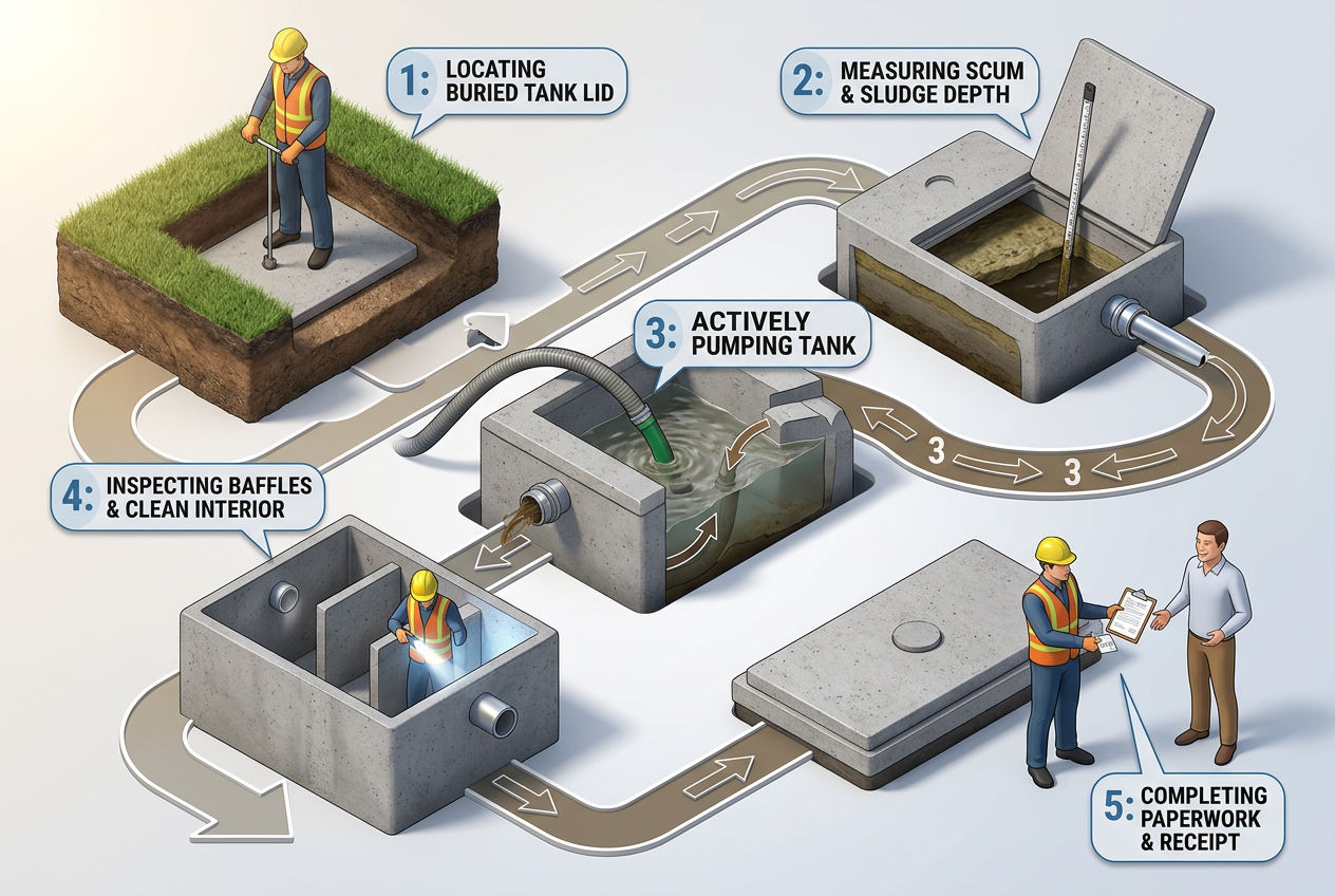 Five-step septic tank pump out process showing locate dig pump inspect and document stages