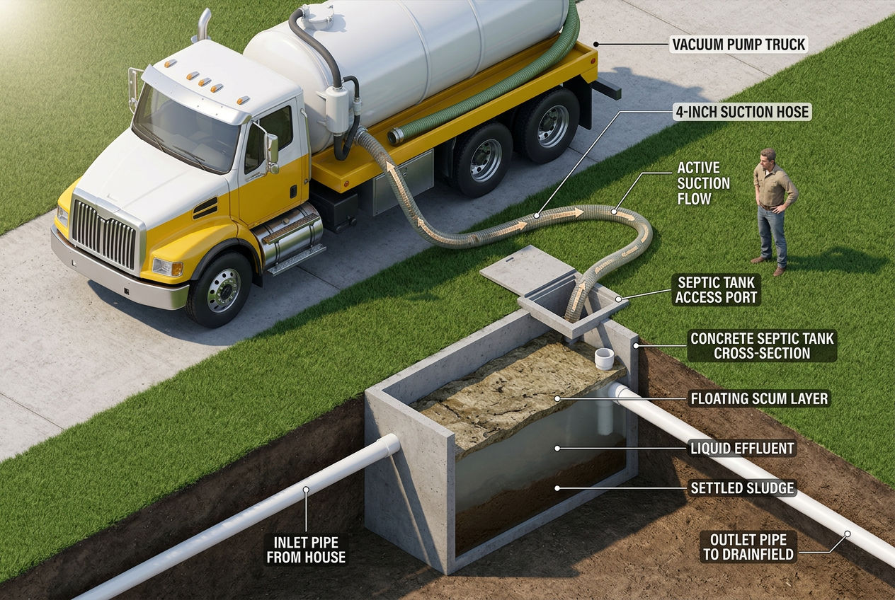 Vacuum truck performing a septic tank pump out showing cross-section of tank with sludge scum and effluent layers