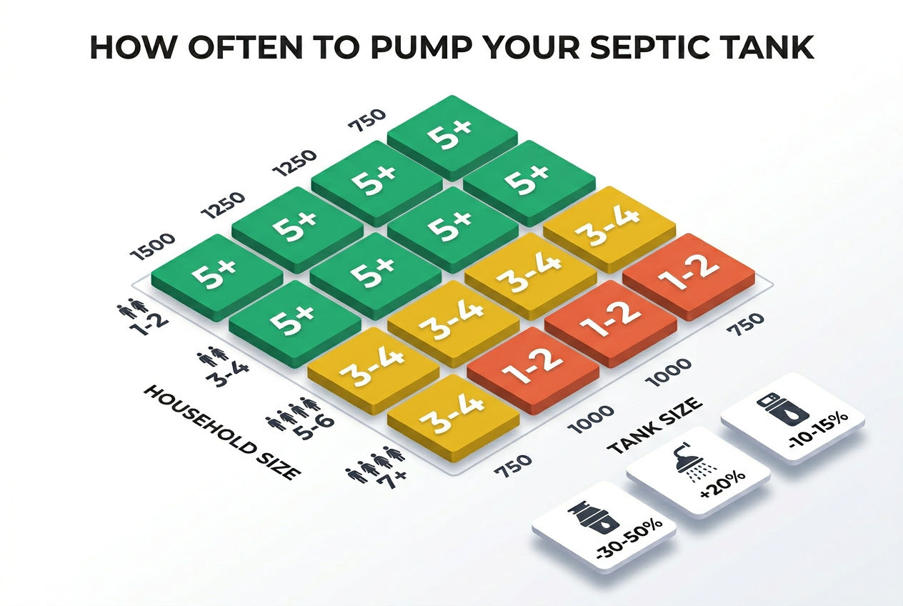 3D chart showing recommended septic tank pumping frequency based on household size and tank capacity with usage modifiers