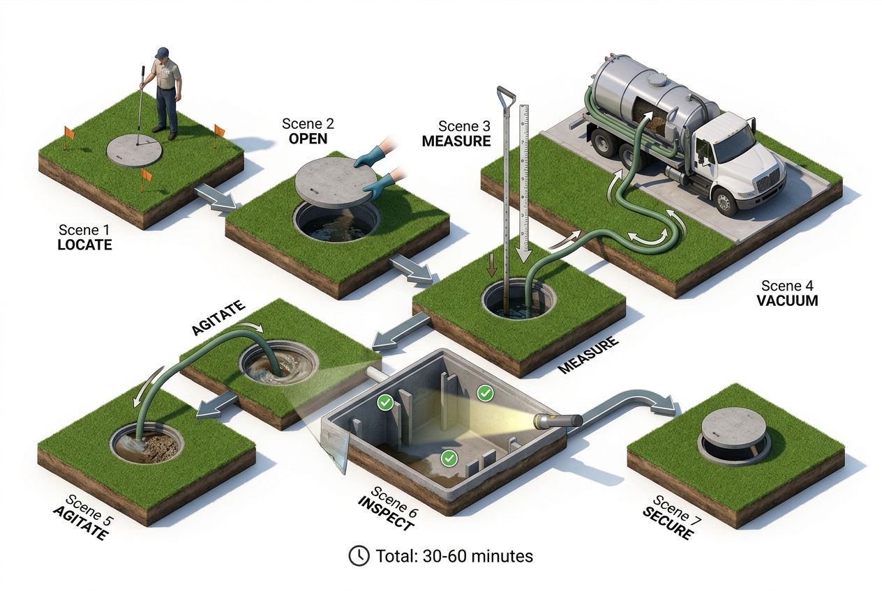 3D seven-step overview of the complete septic tank pumping process from locating the tank through vacuuming to final inspection