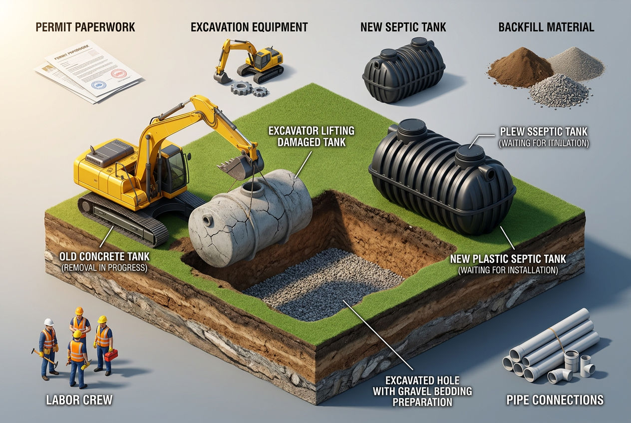 3D scene showing septic tank replacement with old tank removed and new tank ready with cost components visualized