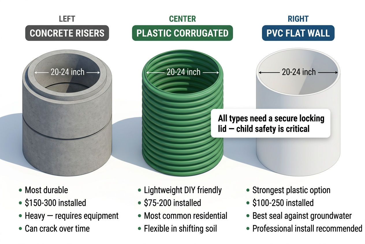 3D comparison of concrete, corrugated plastic, and PVC septic tank riser types with costs and features