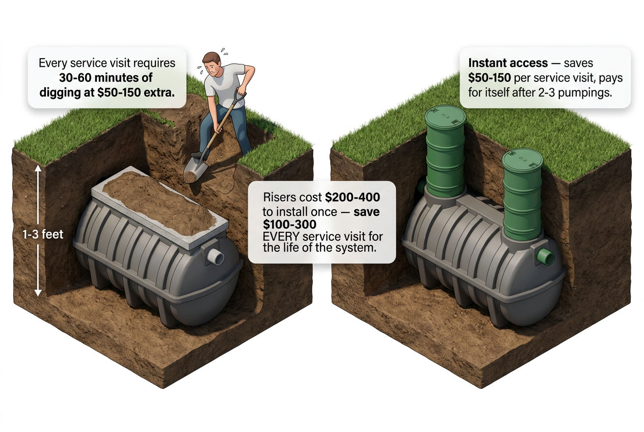 3D cross-section comparing septic tank access without risers requiring digging versus with risers at surface level