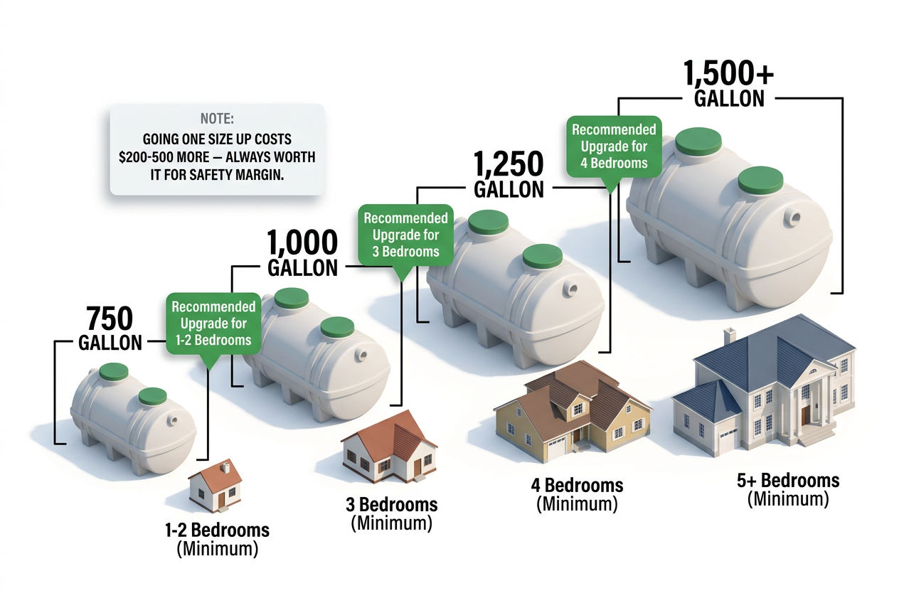 3D progressive comparison of septic tank sizes from 750 to 1,500 plus gallons matched to bedroom counts
