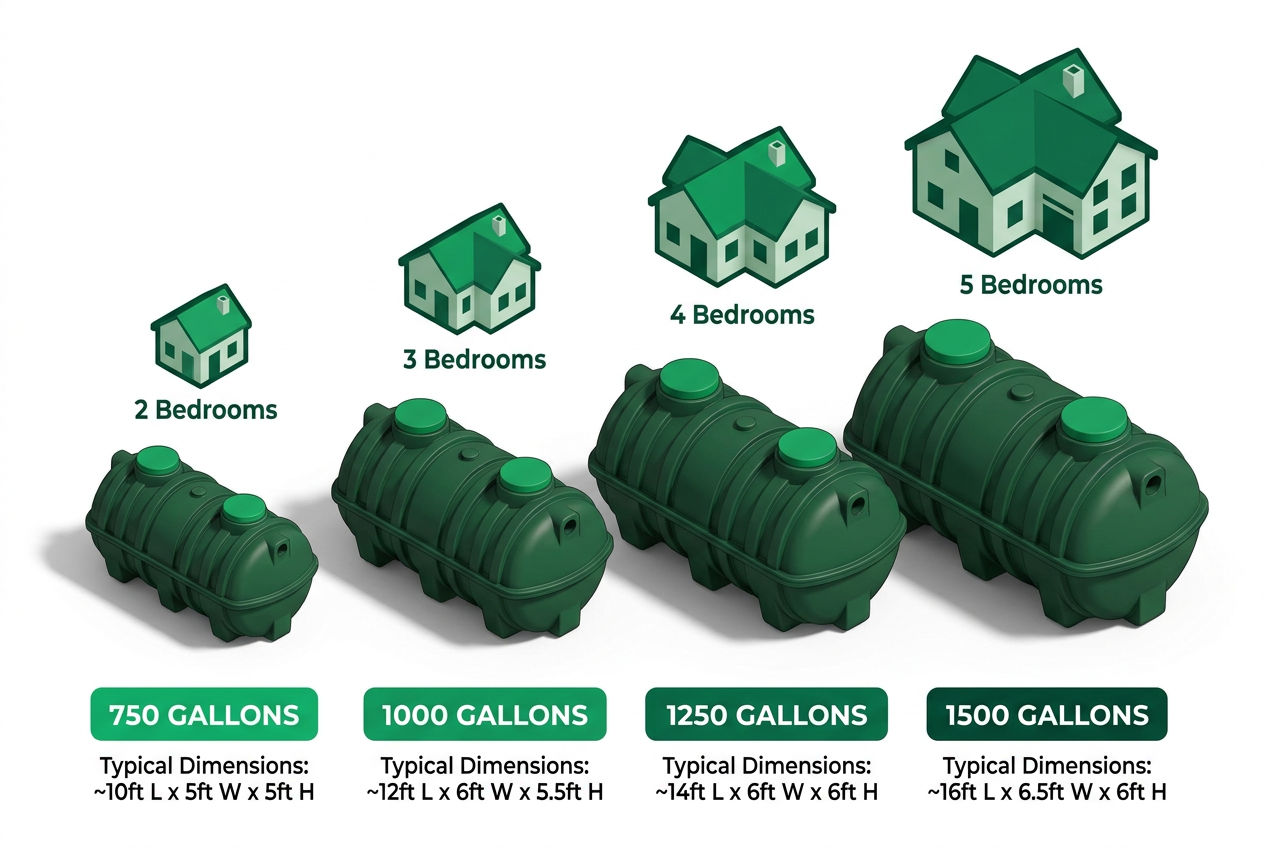 3D sizing chart of septic tank capacity by number of bedrooms
