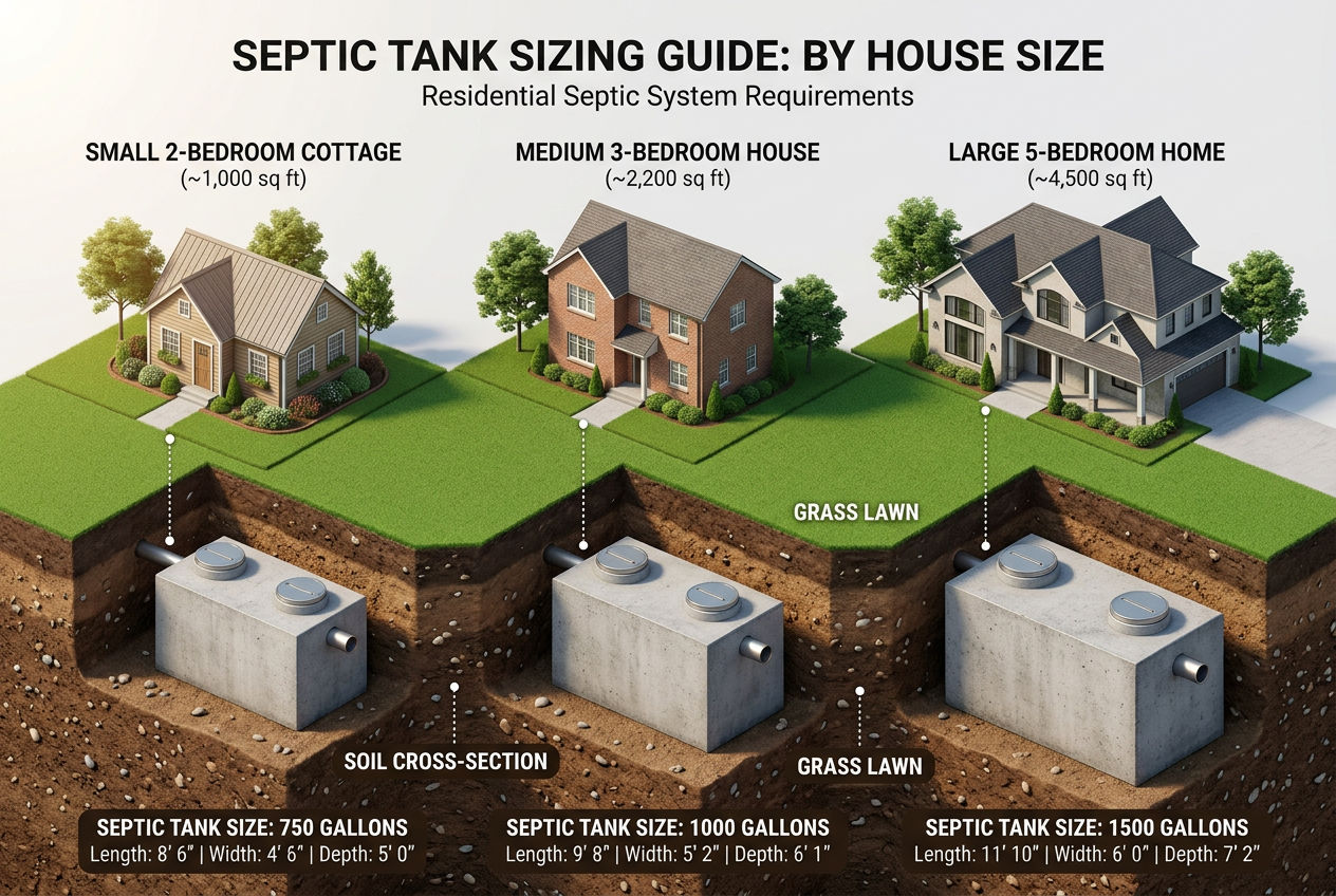 Three homes of different sizes matched to their required septic tank sizes showing price scaling by bedroom count