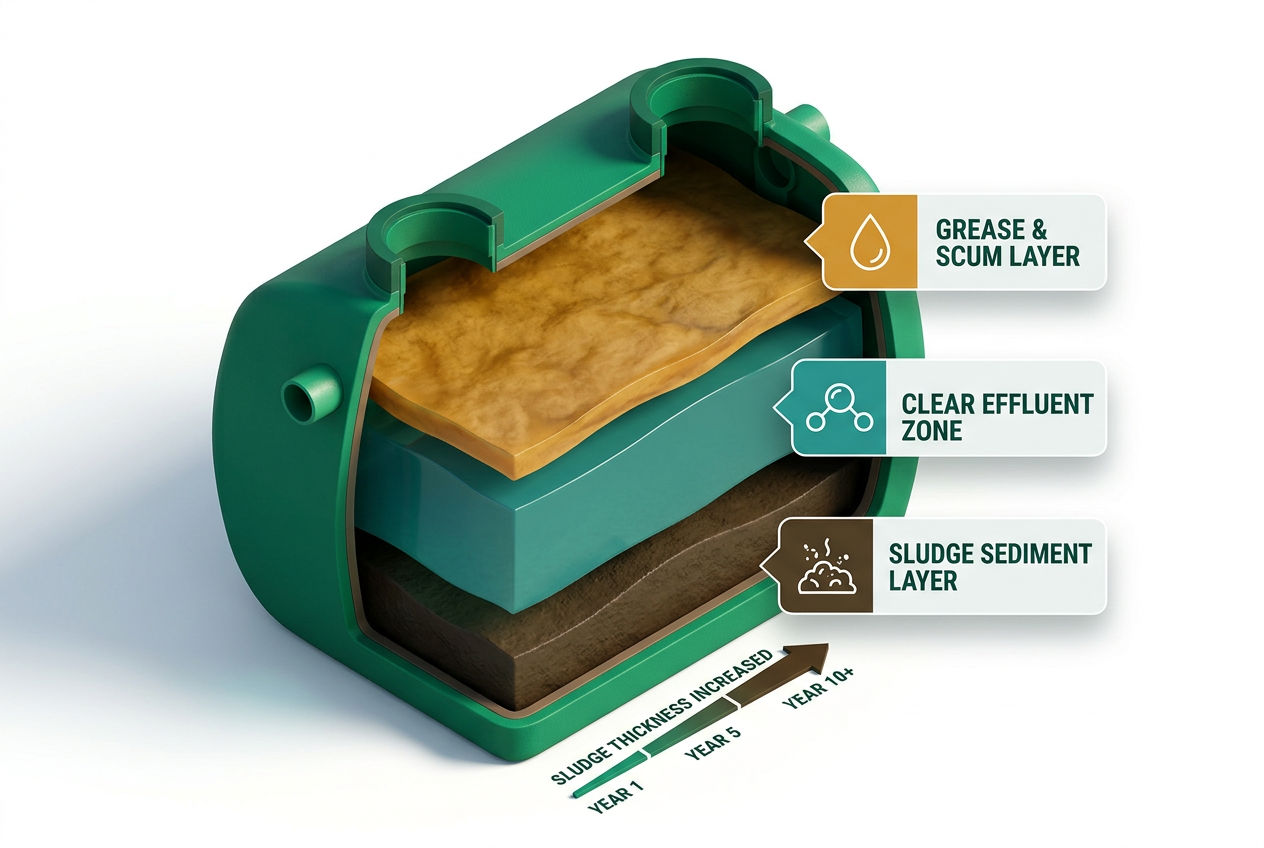 3D isometric cutaway of septic tank showing scum, effluent, and sludge layers with labeled accumulation causes.
