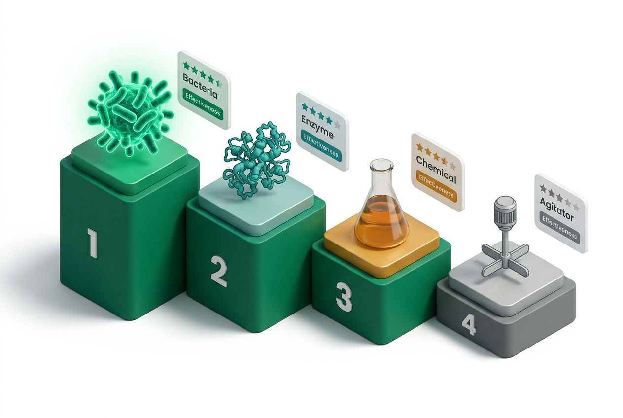 Isometric ranked podium comparing four septic sludge dissolver categories: bacterial, enzymatic, chemical, and mechanical.