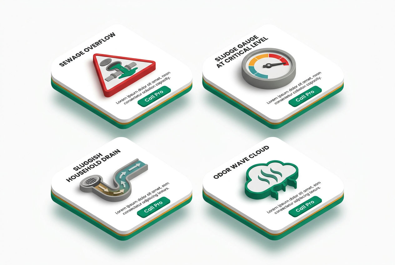 Isometric dashboard of warning signs requiring professional septic service: overflow, high sludge level, slow drains, and odor alerts.