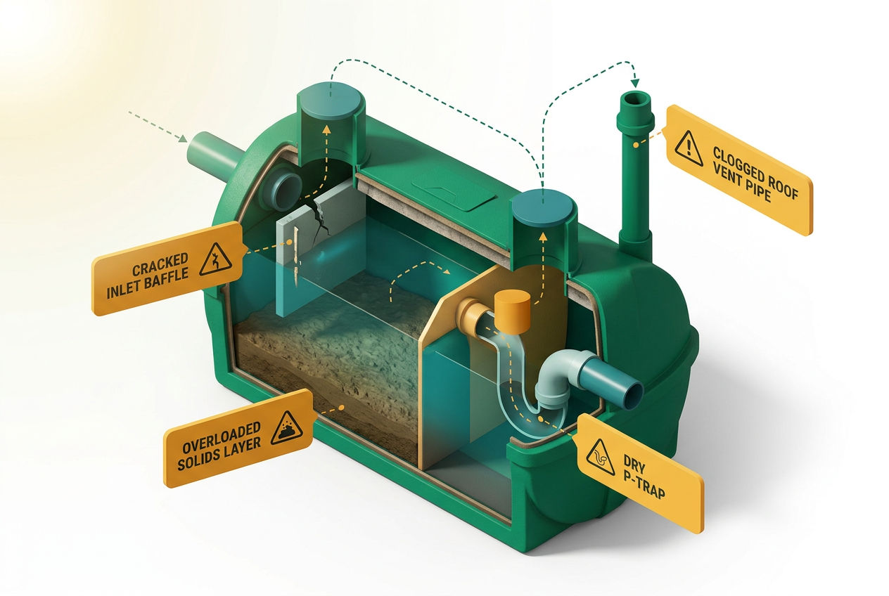 3D isometric cutaway showing septic tank odor causes: overload, broken baffle, dry trap, and blocked vent pipe with labeled arrows.