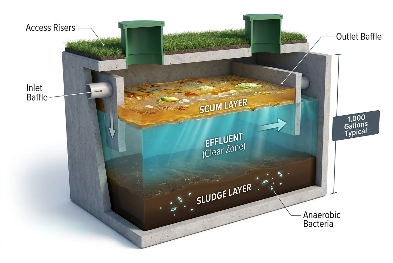 3D cutaway diagram of septic tank interior showing scum layer, effluent zone, and sludge layer with inlet and outlet baffles