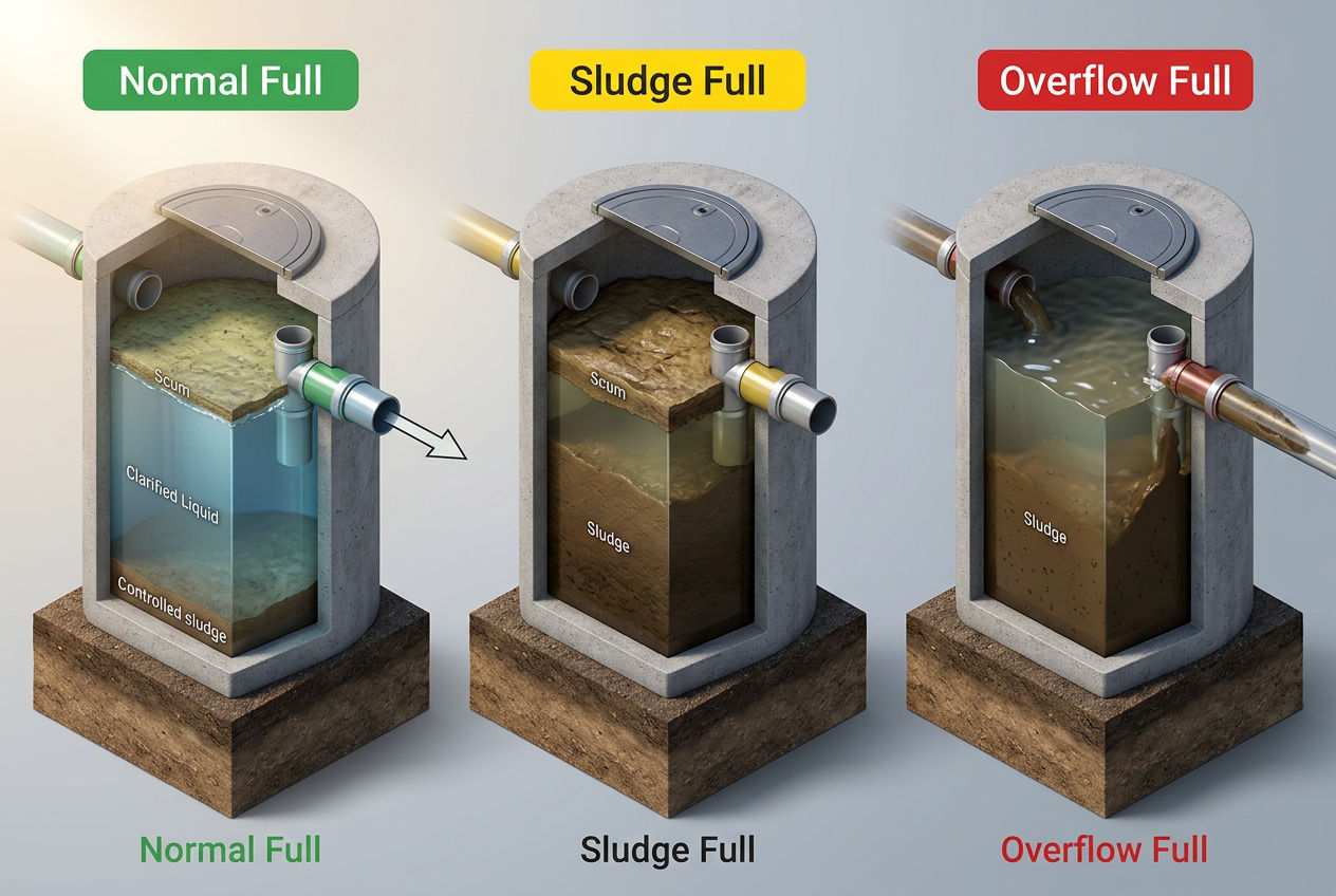 Three septic tanks in cross-section showing normal full sludge full and overflow full conditions with color indicators