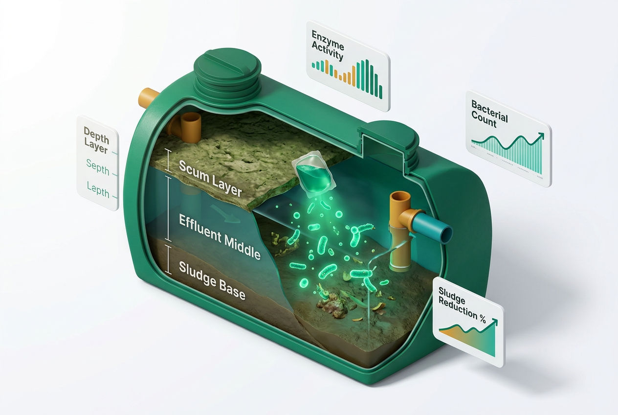 3D cutaway of a septic tank showing enzyme and bacteria colonies breaking down organic waste layers with labeled reaction zones.