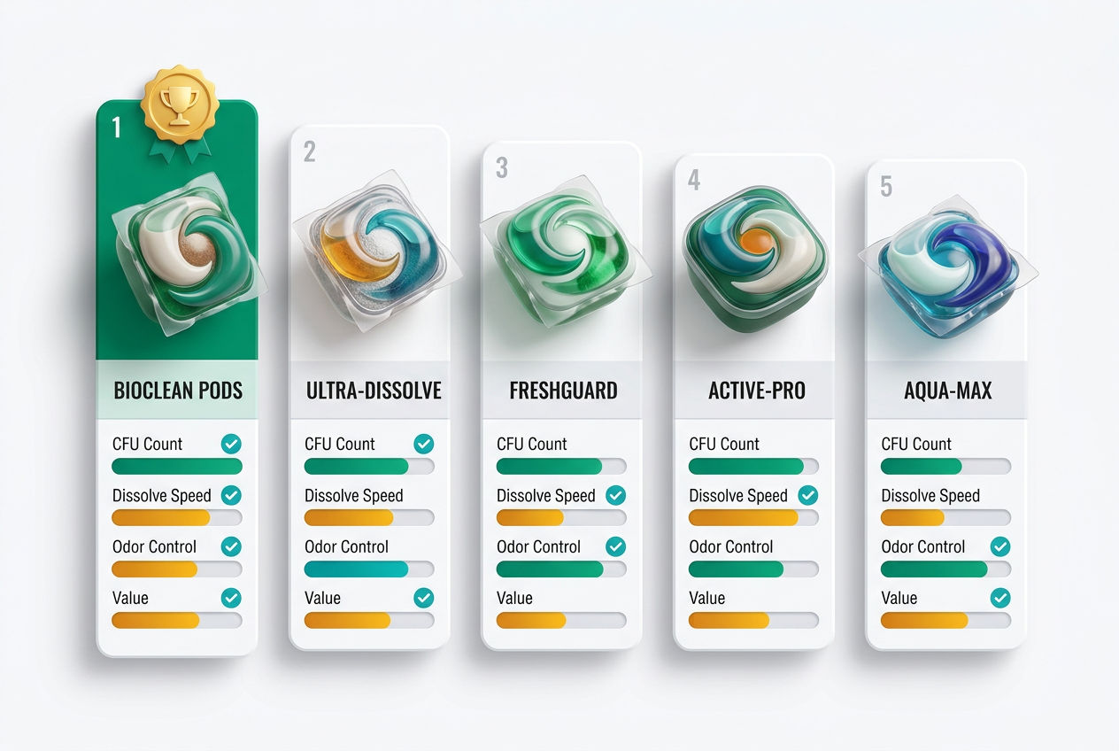 Isometric comparison scorecard of five septic treatment pod products with rated bars for bacteria count, dissolve speed, scent, and value.