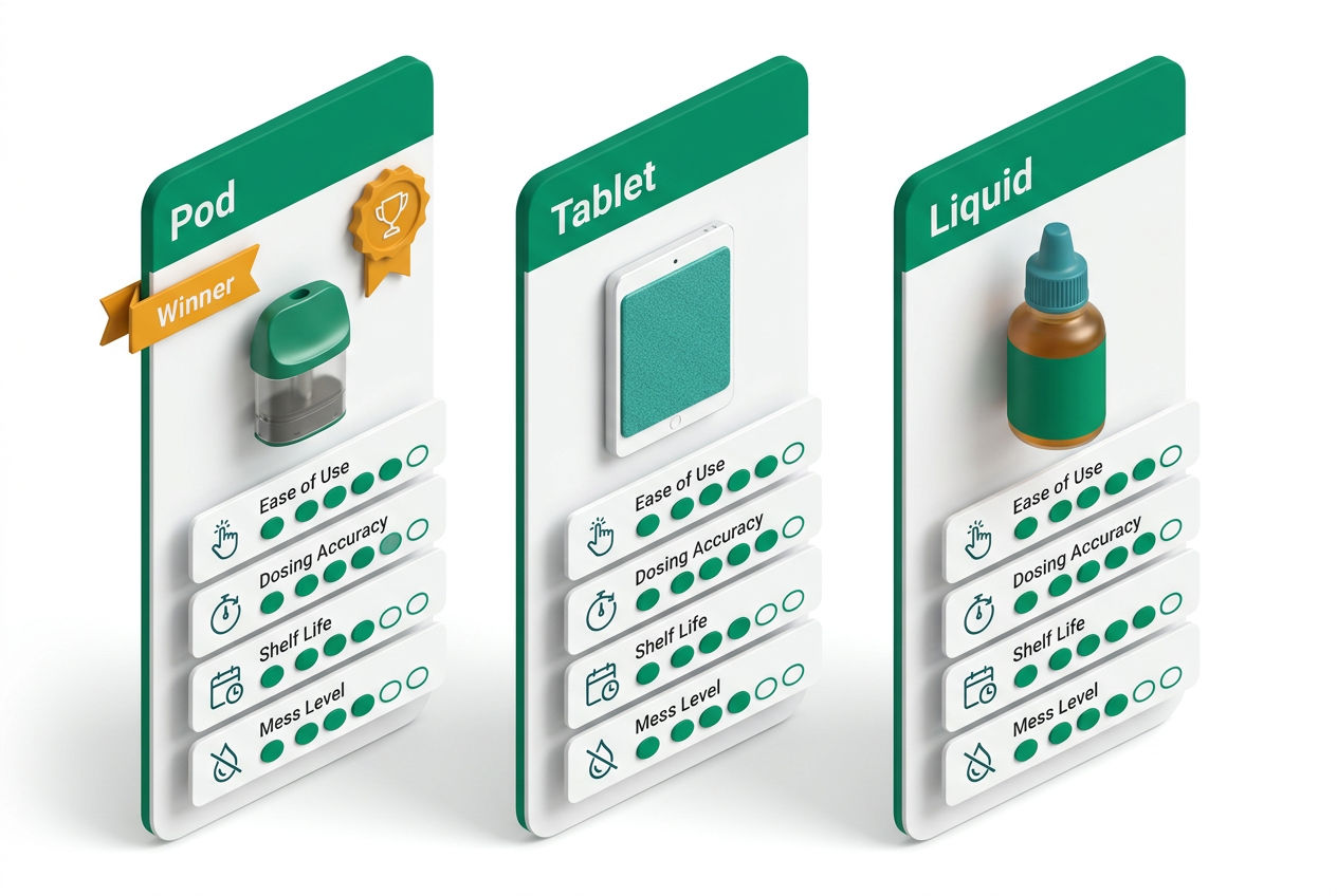 Three-column isometric comparison of pod, tablet, and liquid septic treatments with ease-of-use, dosing accuracy, and shelf-life icons.