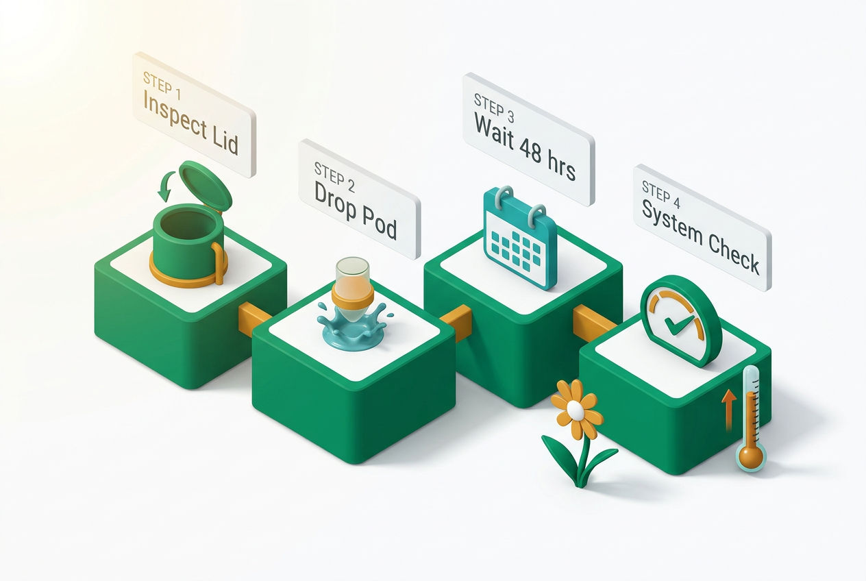 Four-step isometric flow diagram for spring septic startup: inspect lid, flush pod, wait period, and system check with calendar icons.