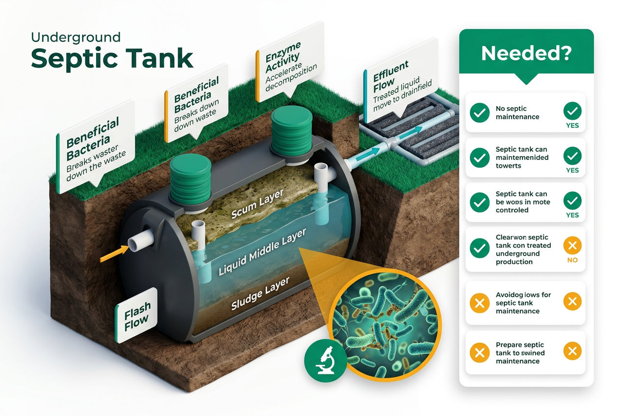 3D isometric cutaway of a septic tank showing bacteria layers, solid waste, and effluent zones with labeled treatment benefit callouts.